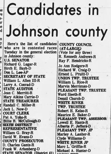 The Daily Journal, 25 October 1974: 'Candidates in Johnson county' — full list of contested races in the general election including White River JP: Marc L. Griffin-R vs. Michael A. Hunter-D, alongside races for U.S. Senator (Lugar vs. Bayh), Secretary of State, and other county and township offices
