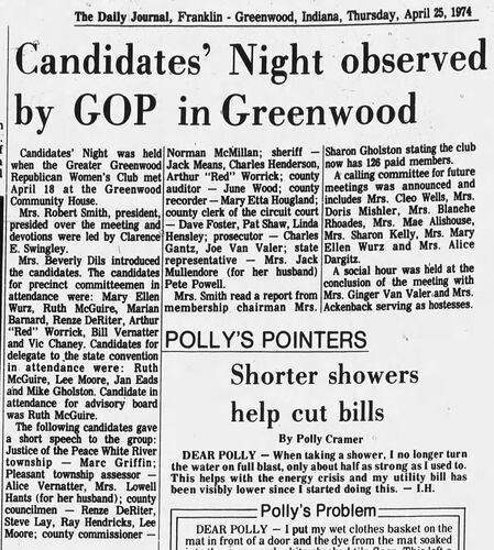 The Daily Journal, Thursday, April 25, 1974: 'Candidates' Night observed by GOP in Greenwood' — Marc Griffin, Justice of the Peace for White River Township, gives a short speech to the Greater Greenwood Republican Women's Club at the Greenwood Community House alongside other candidates for the May primary