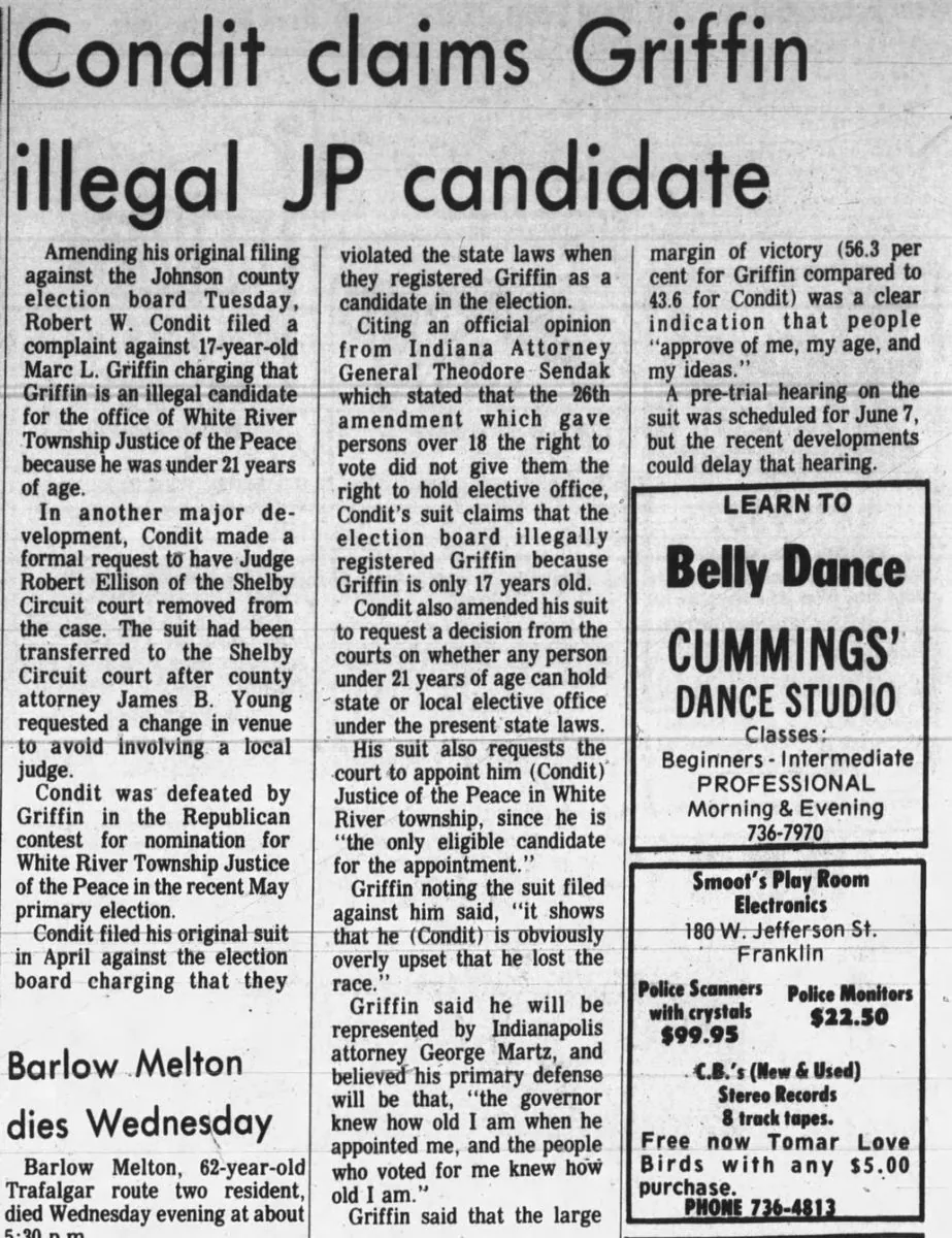 Newspaper clipping headlined &ldquo;Condit claims Griffin illegal JP candidate&rdquo;