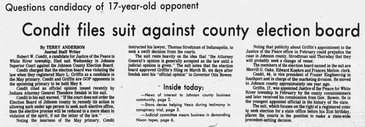 Newspaper clipping headlined &ldquo;Questions candidacy of 17-year-old opponent — Condit files suit against…&rdquo;