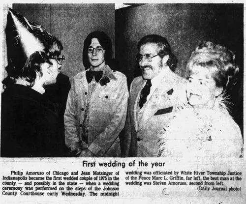 Newspaper clipping headlined &ldquo;First wedding of the year&rdquo;