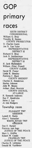 The Daily Journal, 4 May 1974: 'GOP primary races' — ballot listing for Johnson County Republican primary showing Marc L. Griffin as candidate for Justice of the Peace, White River Township, alongside other local and county races