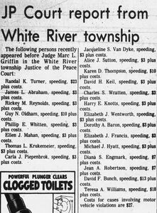 The Daily Journal, 5 May 1975: 'JP Court report from White River township' — list of persons recently appearing before Judge Marc L. Griffin in the White River Township Justice of the Peace Court, including speeding and moving violation cases with fines and court costs
