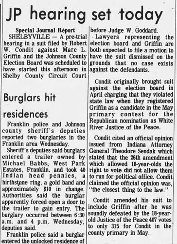 Newspaper clipping headlined &ldquo;JP hearing set today&rdquo;