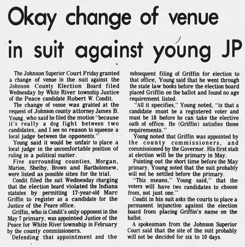 Newspaper clipping headlined &ldquo;Okay change of venue in suit against young JP&rdquo;