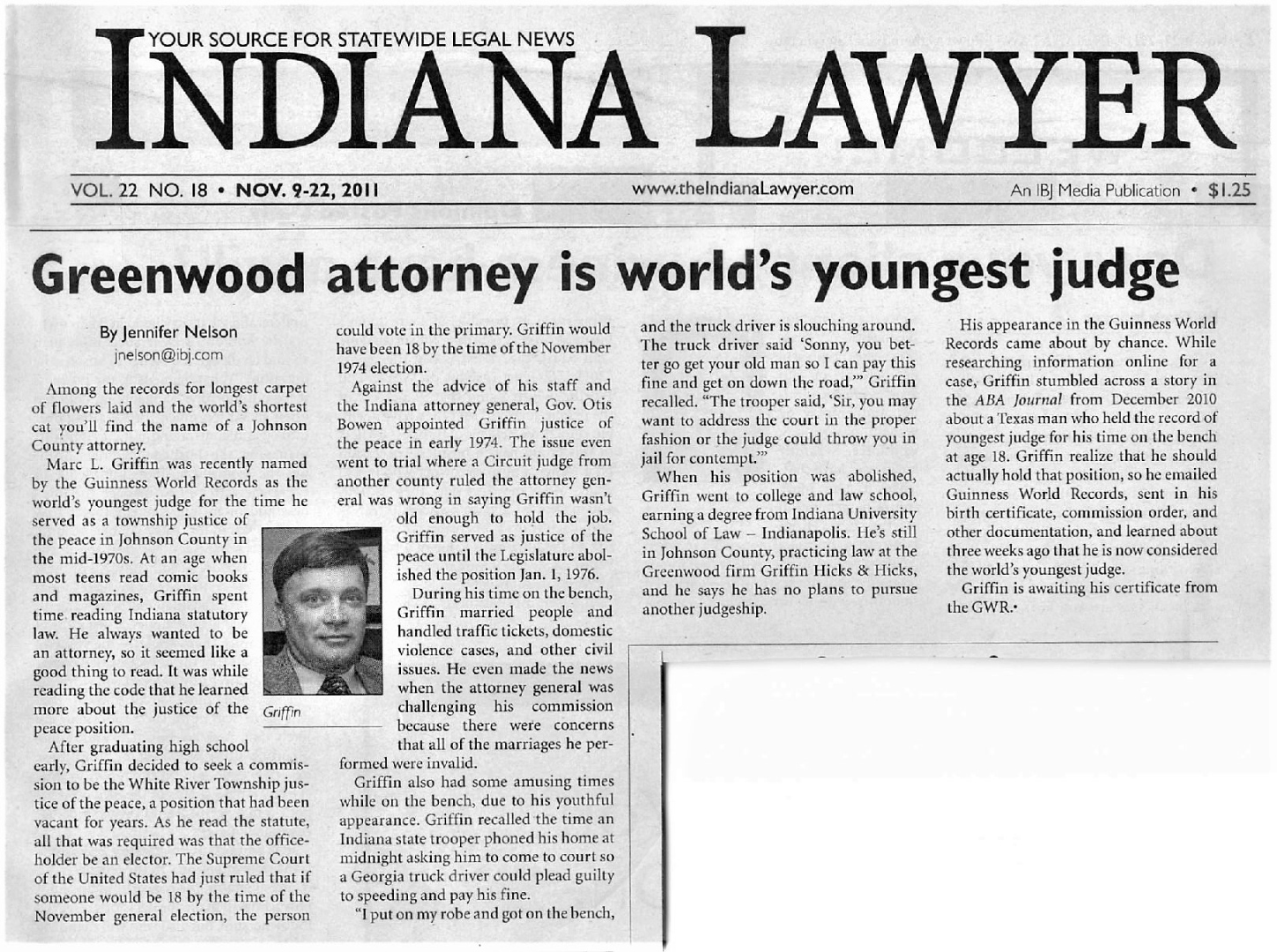 Indiana Lawyer front page, November 9–22, 2011: Greenwood attorney is world's youngest judge, by Jennifer Nelson