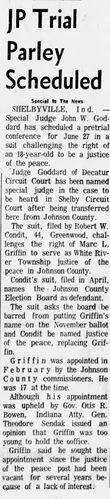 Newspaper clipping headlined &ldquo;JP Trial Parley Scheduled&rdquo;