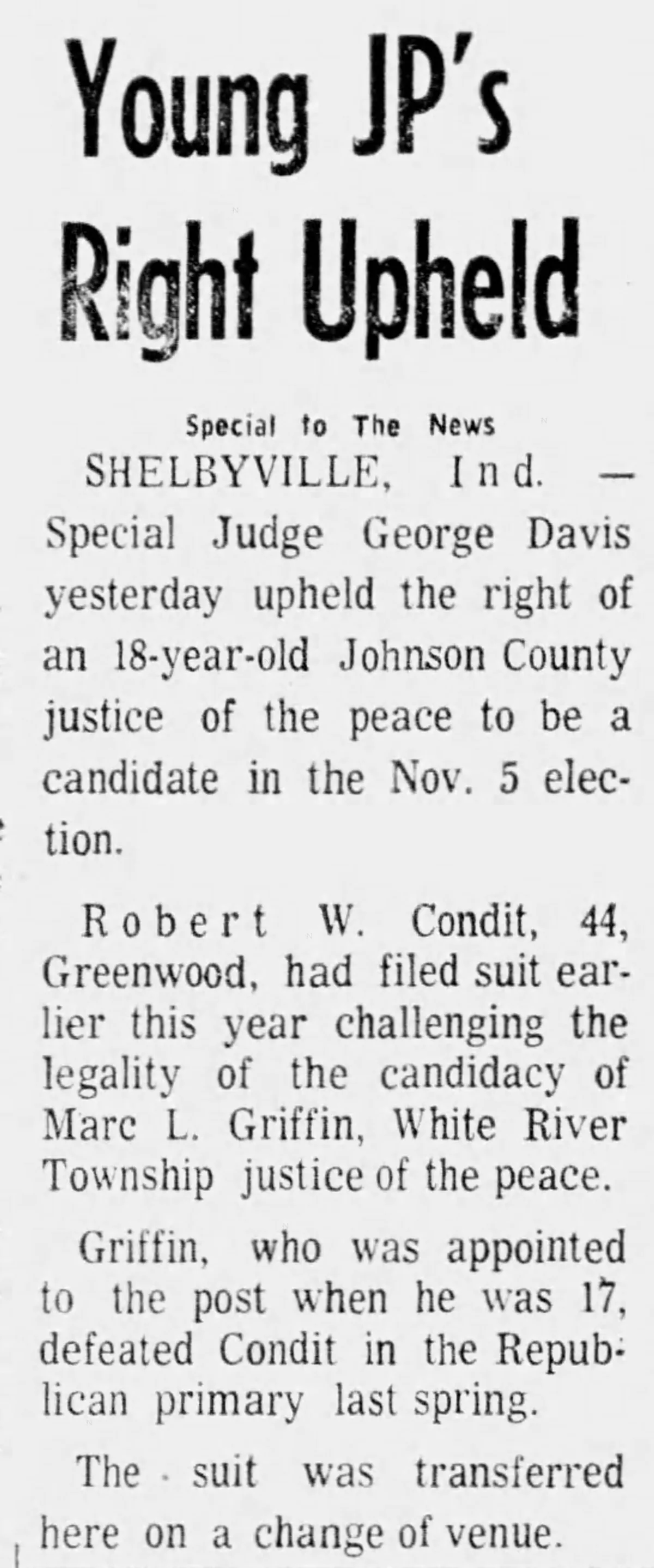 Newspaper clipping headlined &ldquo;Young JP&rsquo;s Right Upheld&rdquo;