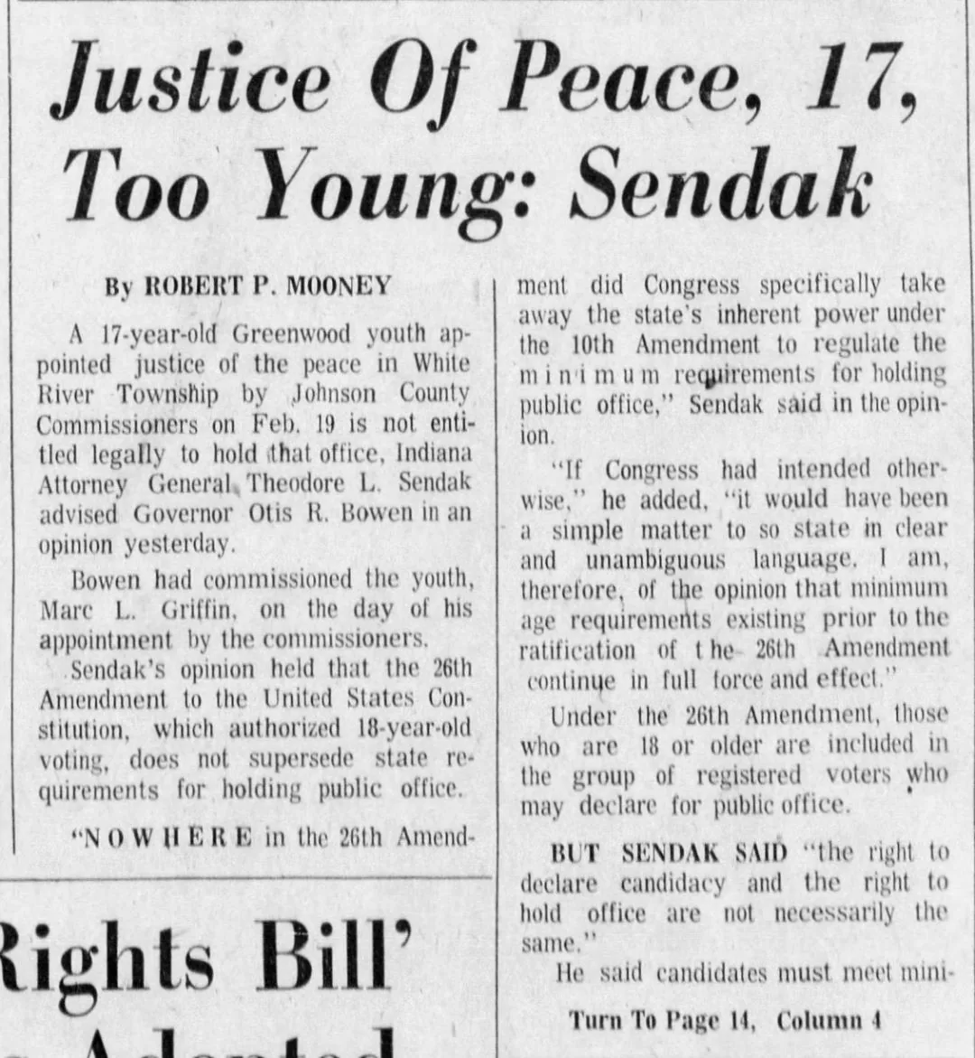 Front-page newspaper clipping headlined &ldquo;Justice Of Peace, 17, Too Young: Sendak&rdquo;
