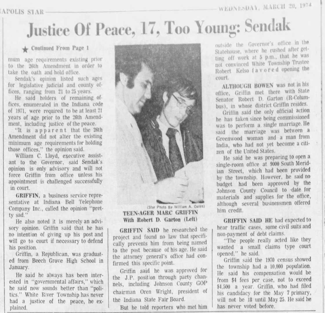 Newspaper clipping: continuation of the article &ldquo;Justice Of Peace, 17, Too Young: Sendak&rdquo;