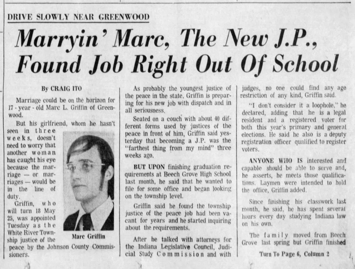 Front-page newspaper clipping headlined &ldquo;Marryin' Marc, The New J.P., Found Job Right Out Of School, by…&rdquo;