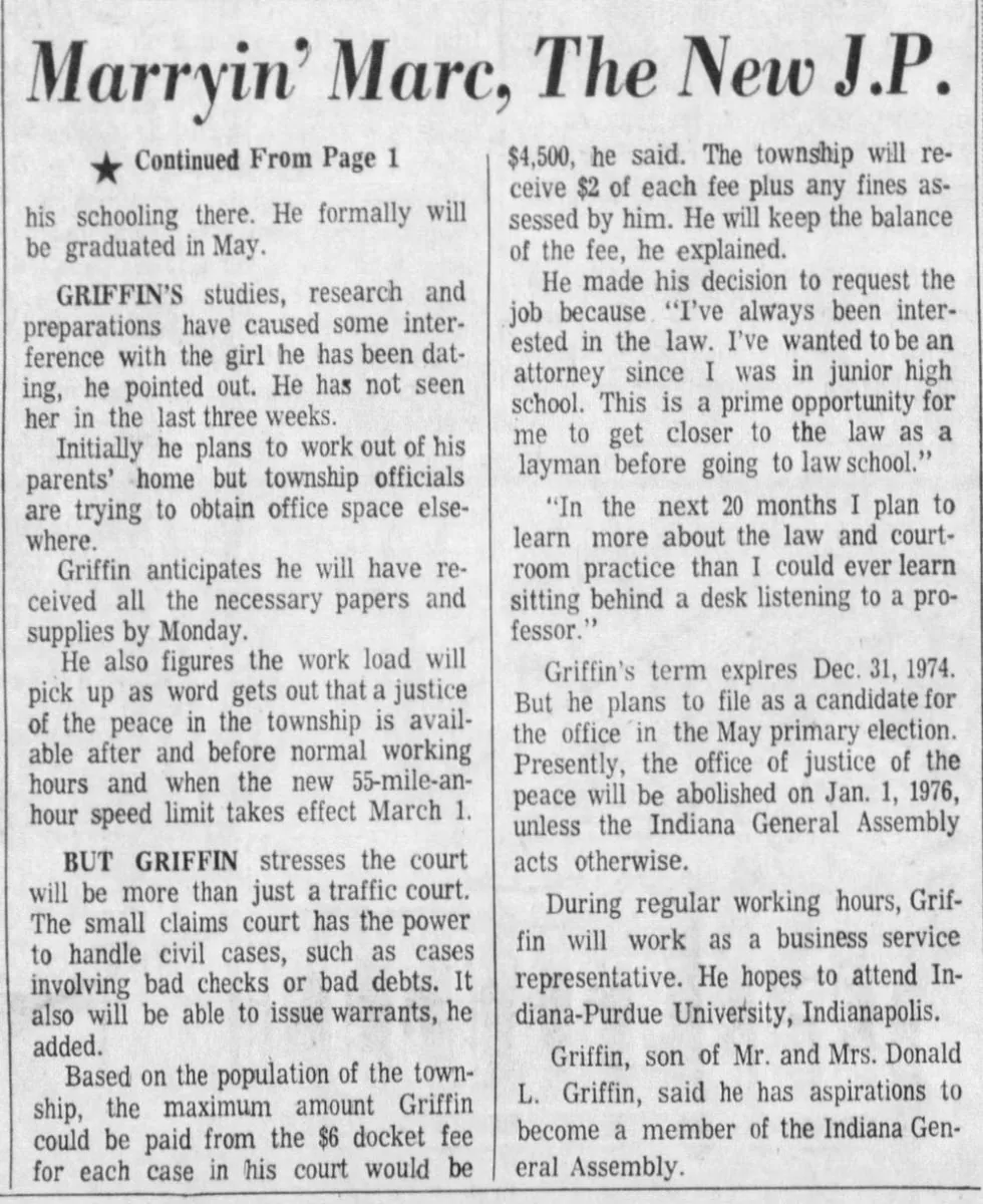 Newspaper clipping headlined &ldquo;Marryin' Marc, The New J.P&rdquo;