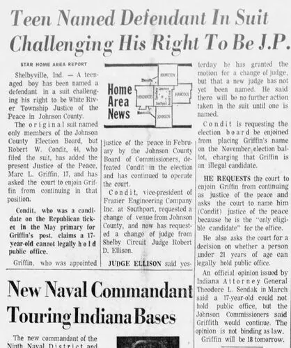 Newspaper clipping headlined &ldquo;Teen Named Defendant In Suit Challenging His Right To Be J.P.&rdquo;