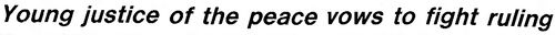 The Kokomo Tribune (Kokomo, Indiana), 21 March 1974: headline 'Young justice of the peace vows to fight ruling' — wire service coverage of Marc Griffin's determination to challenge the Attorney General's opinion on his appointment