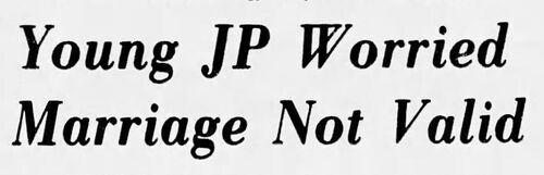 Lincoln Journal Star (Lincoln, Nebraska), 20 March 1974: headline 'Young JP Worried Marriage Not Valid' — wire service coverage of Marc Griffin's concern that a marriage he performed as Justice of the Peace may not be legally valid