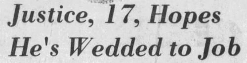 Press and Sun Bulletin (Binghamton, New York), 20 March 1974: headline 'Justice, 17, Hopes He's Wedded to Job' — wire service coverage playing on Marc Griffin's performance of a marriage ceremony while his own legal standing as Justice of the Peace was in question